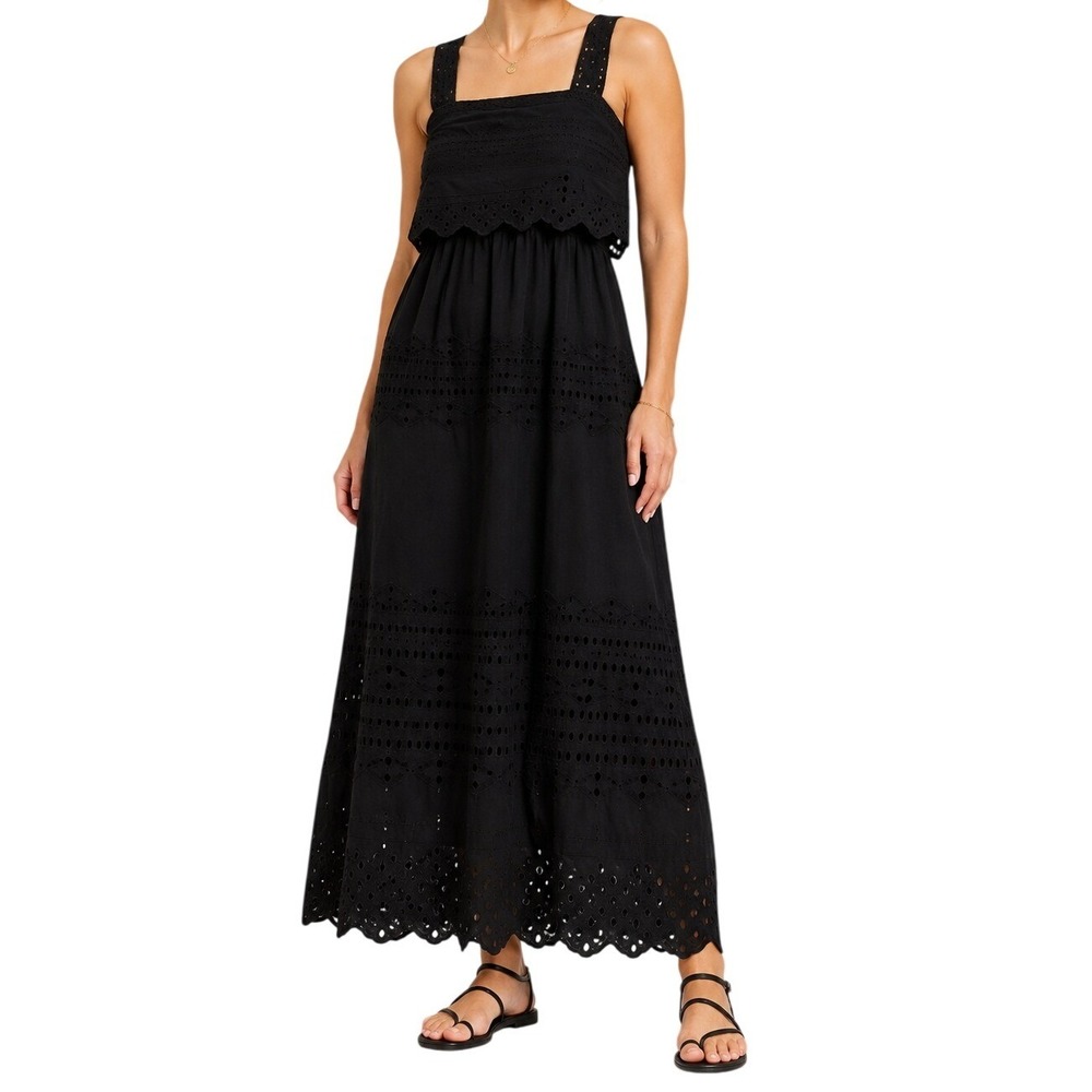 J.Crew Black Eyelet Cotton Crochet Straps Scalloped Hem Midi Dress Women's 4